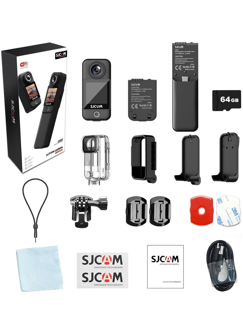 C300 Pocket Camera 4K, 3800mAh Battery 6-Axis Stabilizer Action Camera, Dual-Touch Screen Body Camera, Waterproof, Suitable for Vlogging and Live Streaming, with Helmet Mount Kits, Black