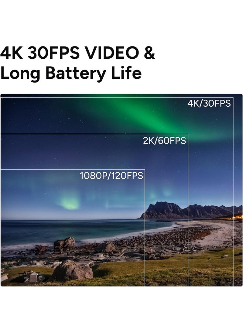 C300 Pocket Camera 4K, 3800mAh Battery 6-Axis Stabilizer Action Camera, Dual-Touch Screen Body Camera, Waterproof, Suitable for Vlogging and Live Streaming, with Helmet Mount Kits, Black