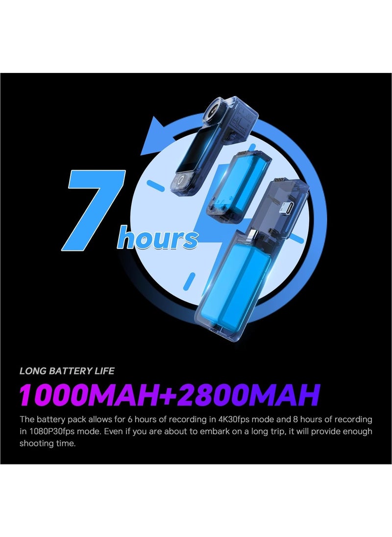 C300 Pocket Camera 4K, 3800mAh Battery 6-Axis Stabilizer Action Camera, Dual-Touch Screen Body Camera, Waterproof, Suitable for Vlogging and Live Streaming, with Helmet Mount Kits, Black