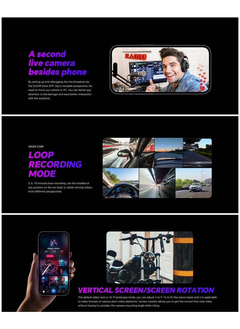 C300 Pocket Camera 4K, 3800mAh Battery 6-Axis Stabilizer Action Camera, Dual-Touch Screen Body Camera, Waterproof, Suitable for Vlogging and Live Streaming, with Helmet Mount Kits, Black