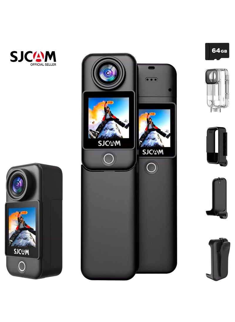 C300 Pocket Camera 4K, 3800mAh Battery 6-Axis Stabilizer Action Camera, Dual-Touch Screen Body Camera, Waterproof, Suitable for Vlogging and Live Streaming, with Helmet Mount Kits, Black
