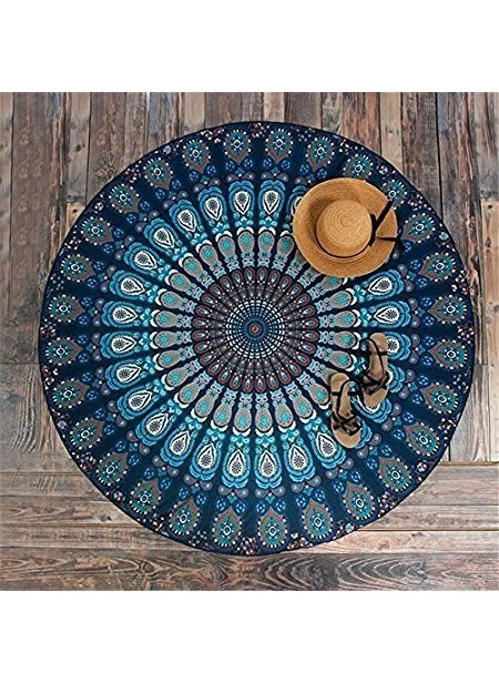 Textile art Cotton Mandala Round Beach Sitting Throw Towel Yoga Blanket Blue 72 Inches