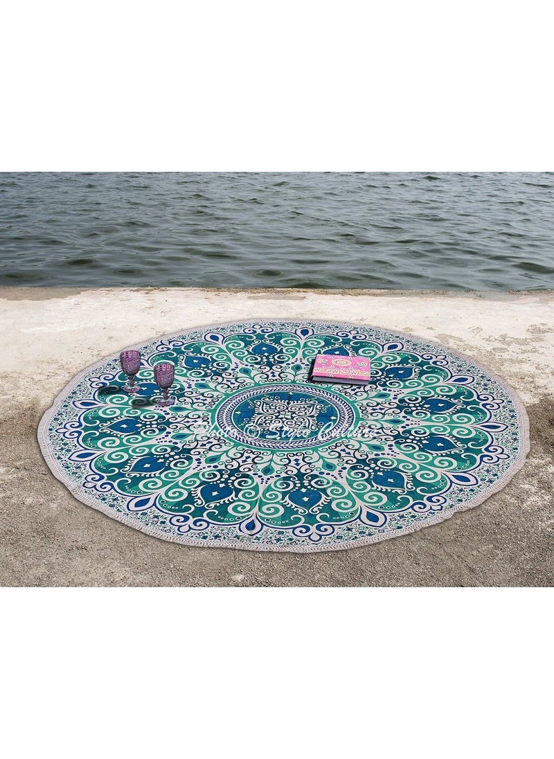 Stylo Culture Indian Round Mandala Throw Floral Green Blue 72 Cotton Printed Fringes Lace Beach Throw Towel