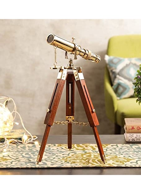 Ximdeco Handmade Nautical Floor Standing Vintage Style Brass Marine Telescope with Wooden Tripod Stand Showpiece Golden