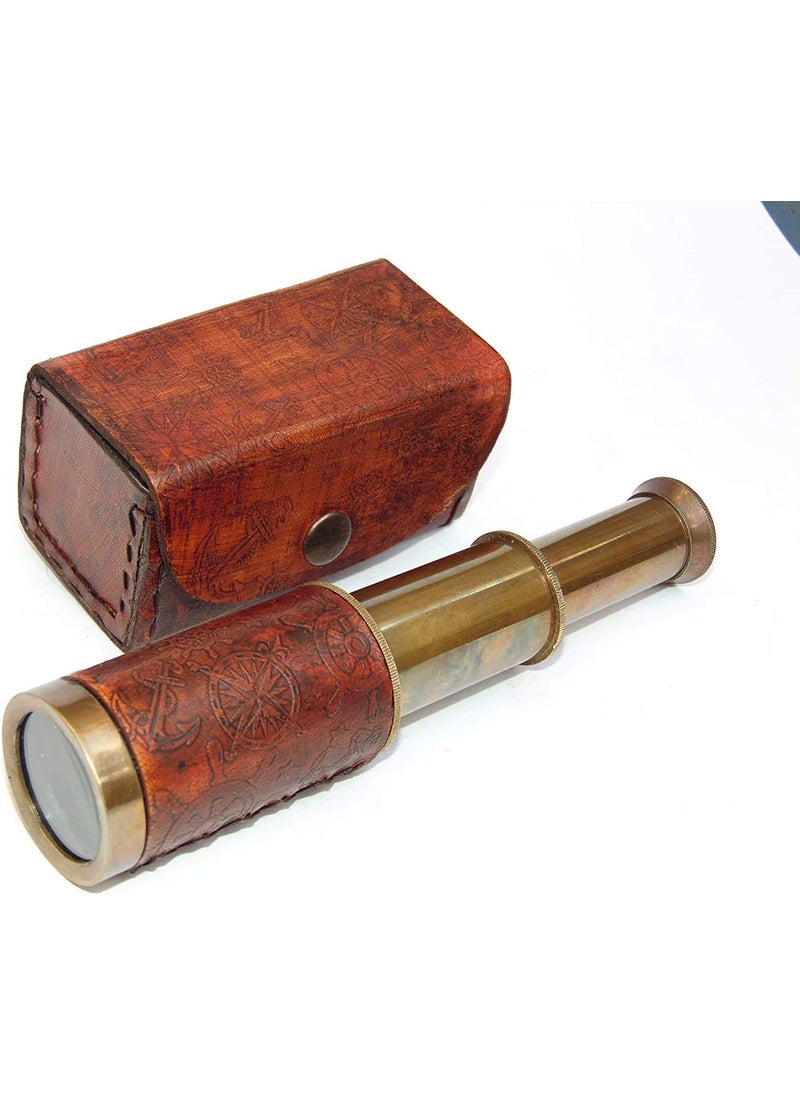 MAGNE NAUTICAL Brass Telescope Nautical Antique Hand Held Pocket Spyglass with Leather Box Comes with Leather Case Great Craving Telescope