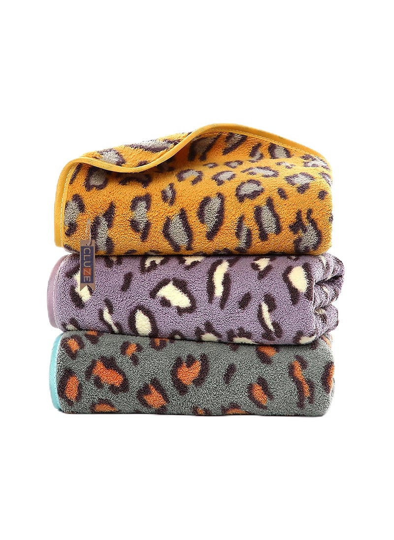 CLUZE Microfiber Leopard Print Face Towel Set Hanging and Absorbent Hand Towel for Gym Bathroom 35x75cm Pack of 3