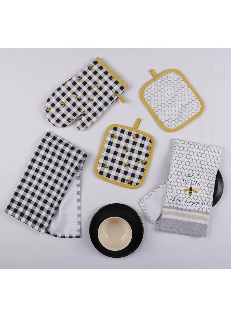 AIRWILL Cotton Kitchen Linen Set of 5 pcs 2 Kitchen Dish Towels 2 Pot Holders 1 Oven Mitt