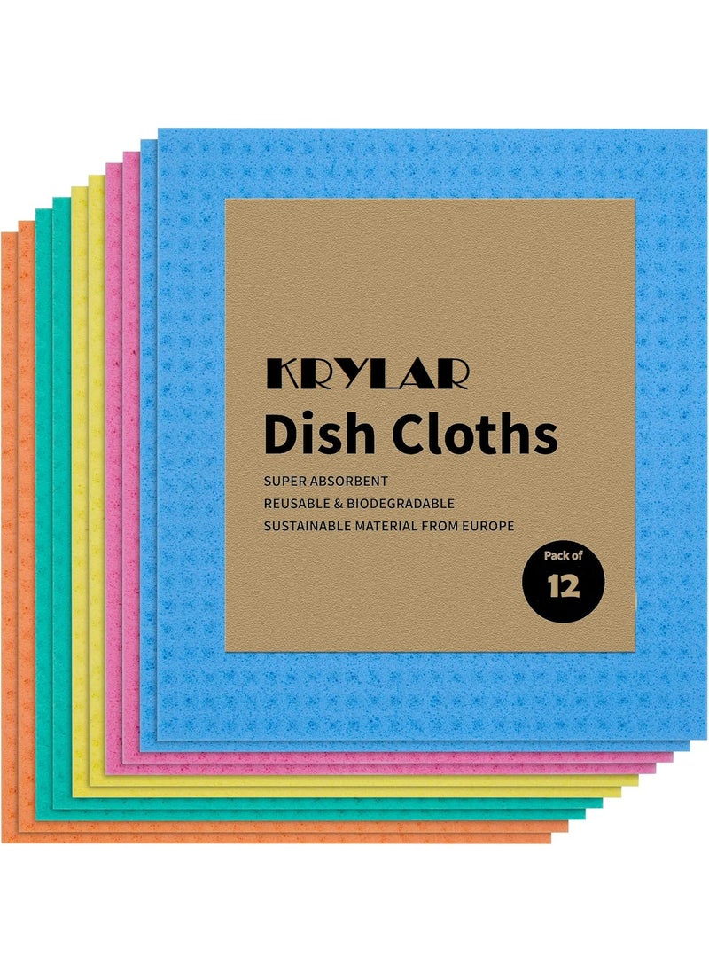 KRYLAR12 pcs Swedish Dishcloths for Kitchen MultiSurface Swedish Dish Cloths Cellulose Cotton Swedish Dishtowels Reusable Cleaning Sponge Cloth MultiPurpose Household Cleaning Rags