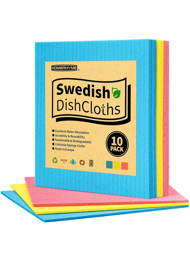 HOMERHYME Swedish Dish Cloths Pack of 10 Cellulose Swedish Sponge Dishcloths Absorbent Swedish Dishtowels for Kitchen NonScratch Reusable Kitchen Cloth MultiSurface Swedish Dish Towels