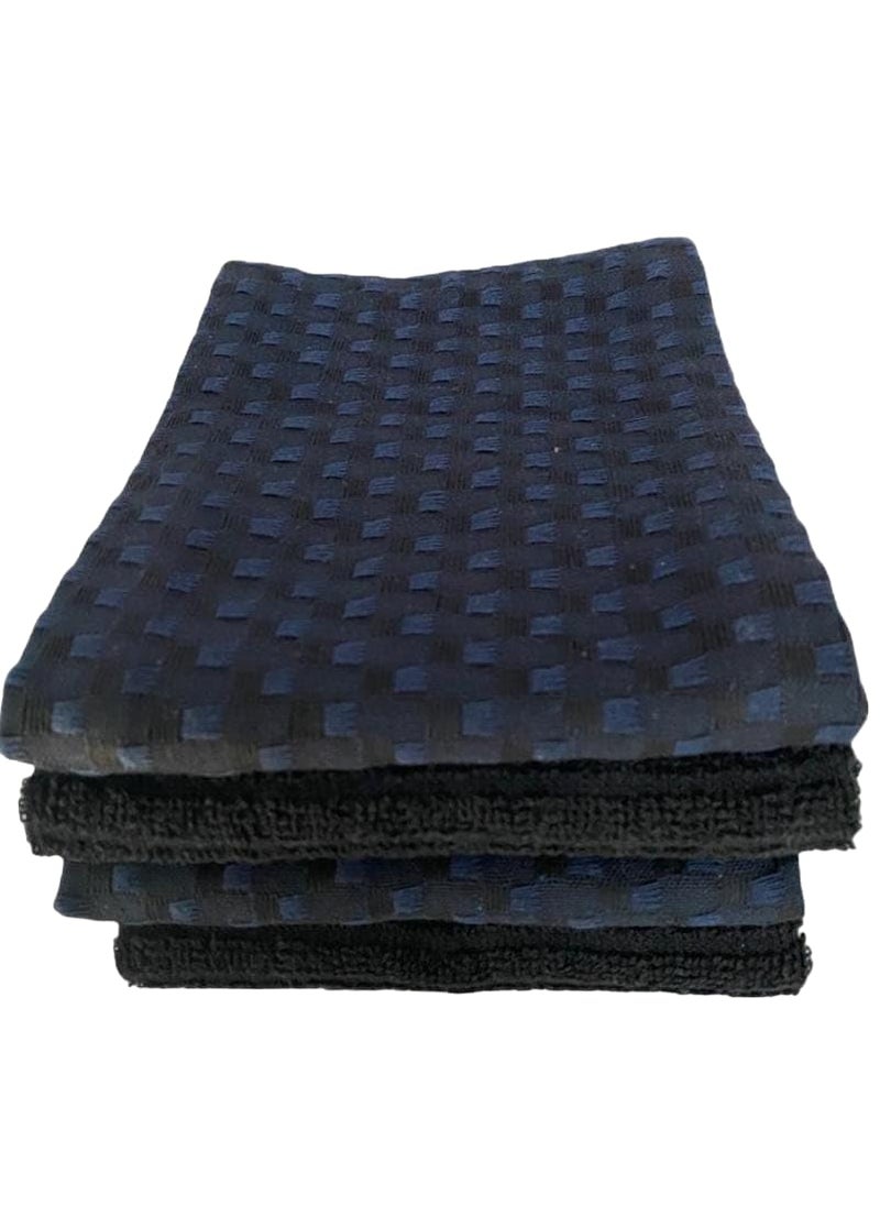 RUSTIQUE LINENS Set of 4 2 Terry 2 Woven Kitchen Towels Blue Black Soft Absorbent Reusable Machine Washable 70x45cm Multipurpose Dish Kitchen Gym Cleaning Drying Premium Cotton