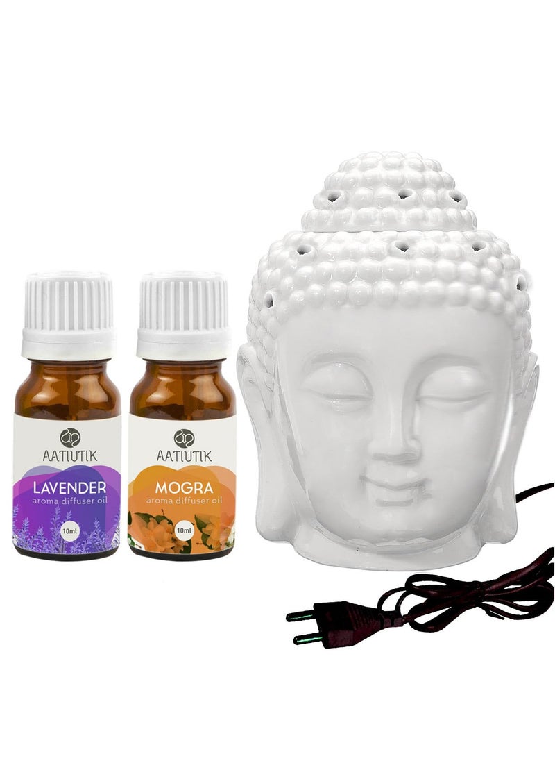 Aatiutik Ceramic Electric Buddha Aroma Diffuser Night Lamp Light with Lavender Mogra Aroma Oil 10ml Each for Home Office Hotel Spa