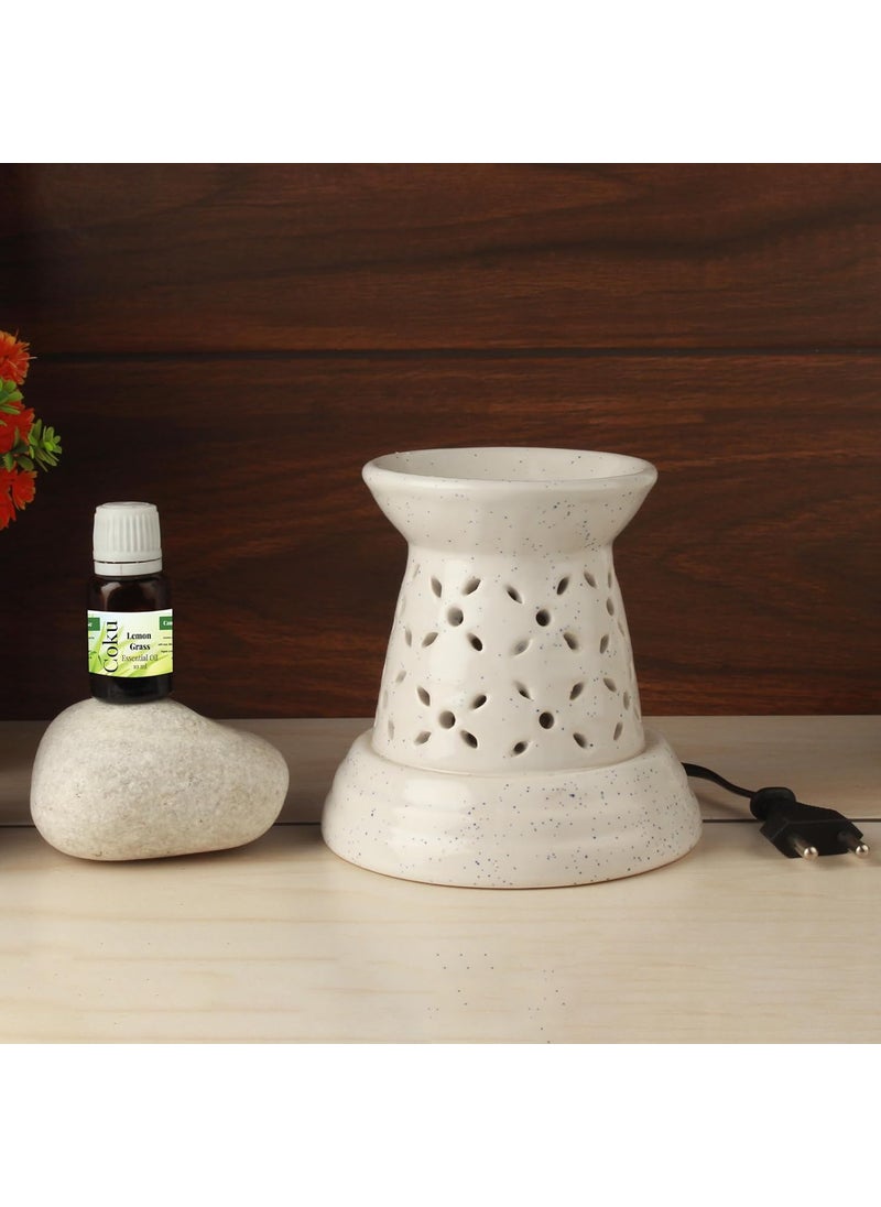 Coku Damru Ceramic Electric Aroma Diffuser with Bulb Aromatherapy Night Lamp Electric Oil Burners Essential Oil Warmer Air Freshener for Home Decor with 10ml LemonGrass Fragrance White
