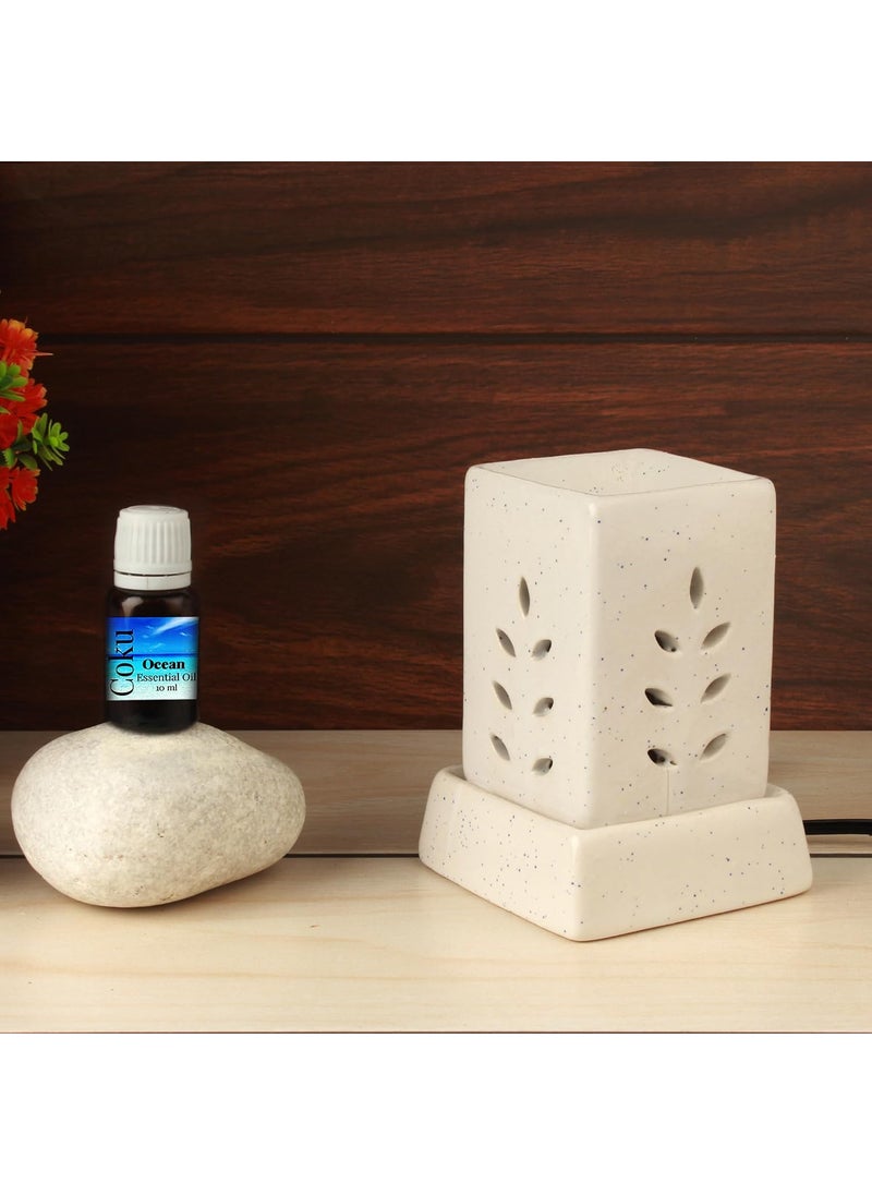 Coku Square Pillar Shape Ceramic Aroma Burner Electic Electric Diffuser Lamp Aromatherapy Diffuser for Home Oil Burners with 10 ml Fragrance Oil Combo with Ocean Fragrance