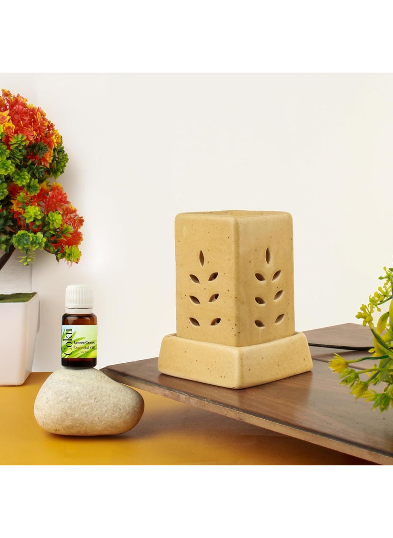 Coku Square Pillar Ceramic Aroma Burner Electic Essential Oil Warmer Lamp Aromatherapy Diffuser for Home Oil Burners with 10 ml Fragrance Oil Combo with Lemon Grass Fragrance