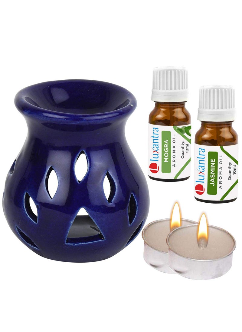 Luxantra Ceramic Aroma Diffuser Oil Burner with Mogra Jasmine Aroma Oil with 2 Tlight Candle Free for Home Office Hotel Spa
