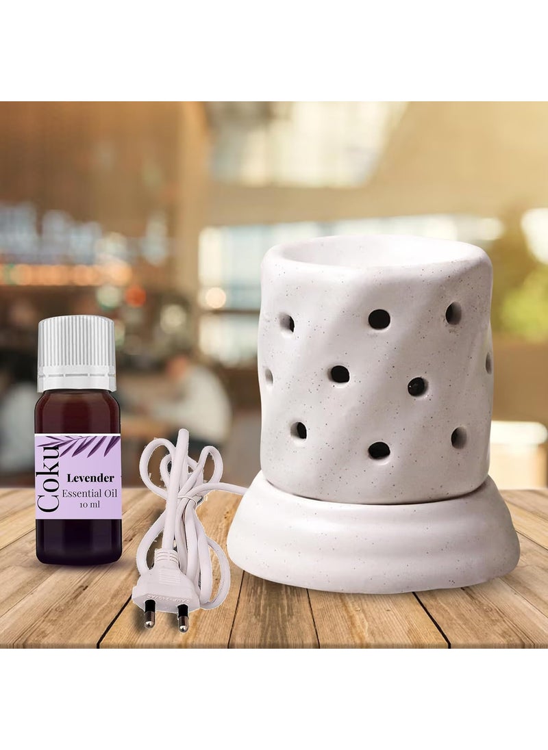 Coku Handcrafted Ceramic Electric Twirl Shaped Aroma Diffuser Aroma Oil Burner for Aromatherapy Home Decor and Fragrance with Air Freshener Aroma Oils with Lavender Fragrance 10 ml