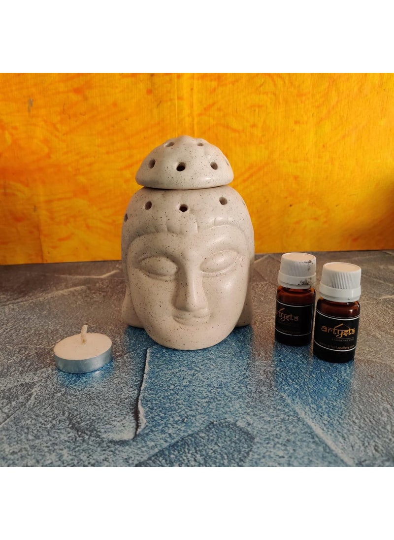 Artysta Restful Buddha Ceramic Aroma Oil Diffuser for Home Oil Diffuser Burner with One Tea Light Candle and Two Aroma Oils Ivory 55 Inch