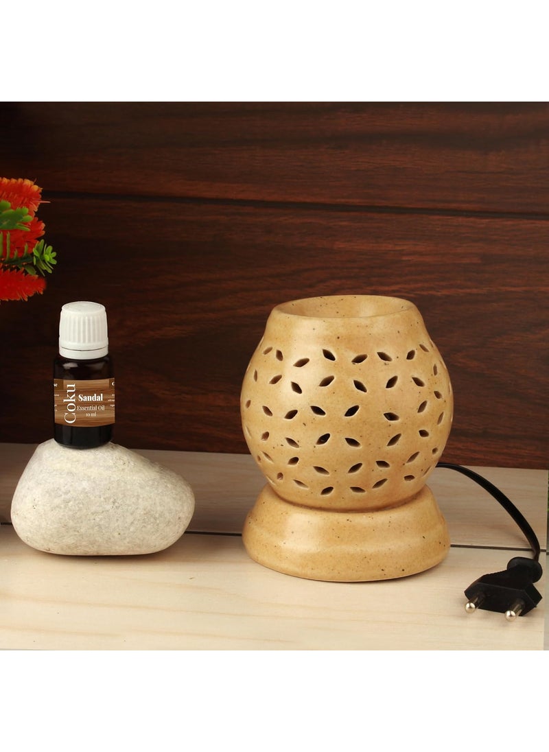 Coku Round Shaped Wax Melt Burners Electric Essential Oil Burner Aromatherapy Aroma Burner Ceramic Oil Diffuser for Home Fragrance Bedroom Decor Christmas Gift with 10 ml Sandal Fragrance Oil