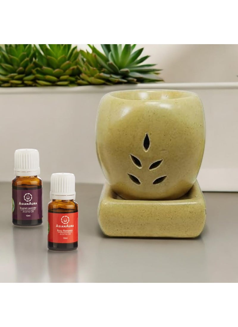 Asian Aura Handcrafted Premium Ceramic Electric Aroma Diffuser Oil Burner Wax Melt Warmer for Home Fragrance with Aroma Oils in 2 fragrances English Lavender Rosy Romance 10ml Each