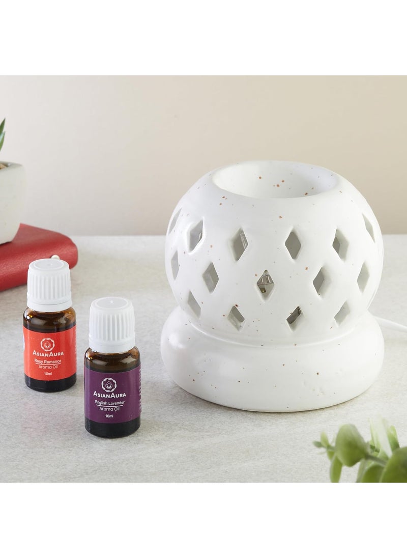 Asian Aura Handcrafted Ceramic Round Diamond Cut Shaped Electric Diffuser Oil Burner Aromatherapy Meditation Home Decor and Fragrance with Aroma OilsEnglish Lavender Rosy Romance 10ml Each