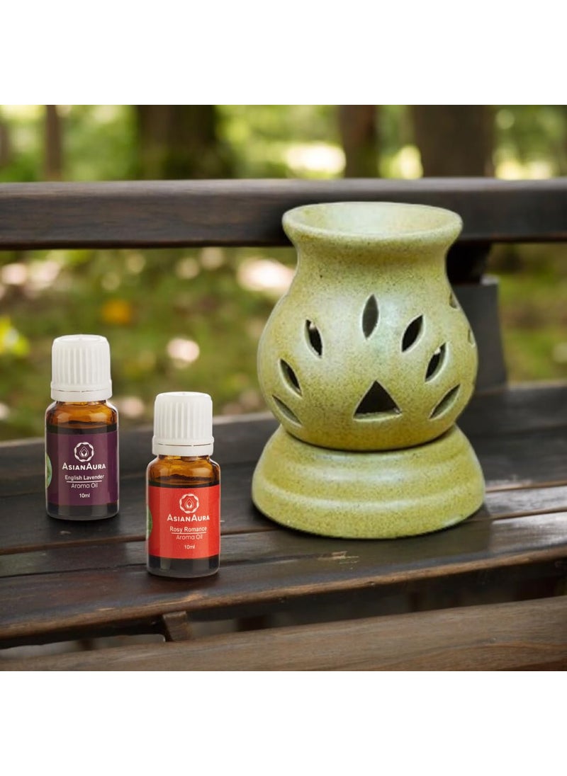 Asian Aura Handcrafted Premium Ceramic Electric Round Shaped Aroma Diffuser Oil Burner Wax Melt Warmer for Home Fragrance with Aroma Oils in 2 fragrances English Lavender Rosy Romance 10ml Each