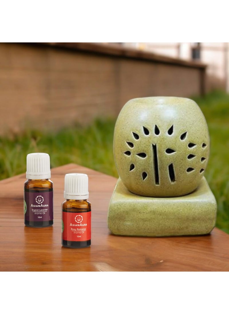 Asian Aura Handcrafted Premium Ceramic Electric Round Shaped Aroma Diffuser Oil Burner Wax Melt Warmer for Home Fragrance with Aroma Oils in 2 fragrances English Lavender Rosy Romance 10ml Each