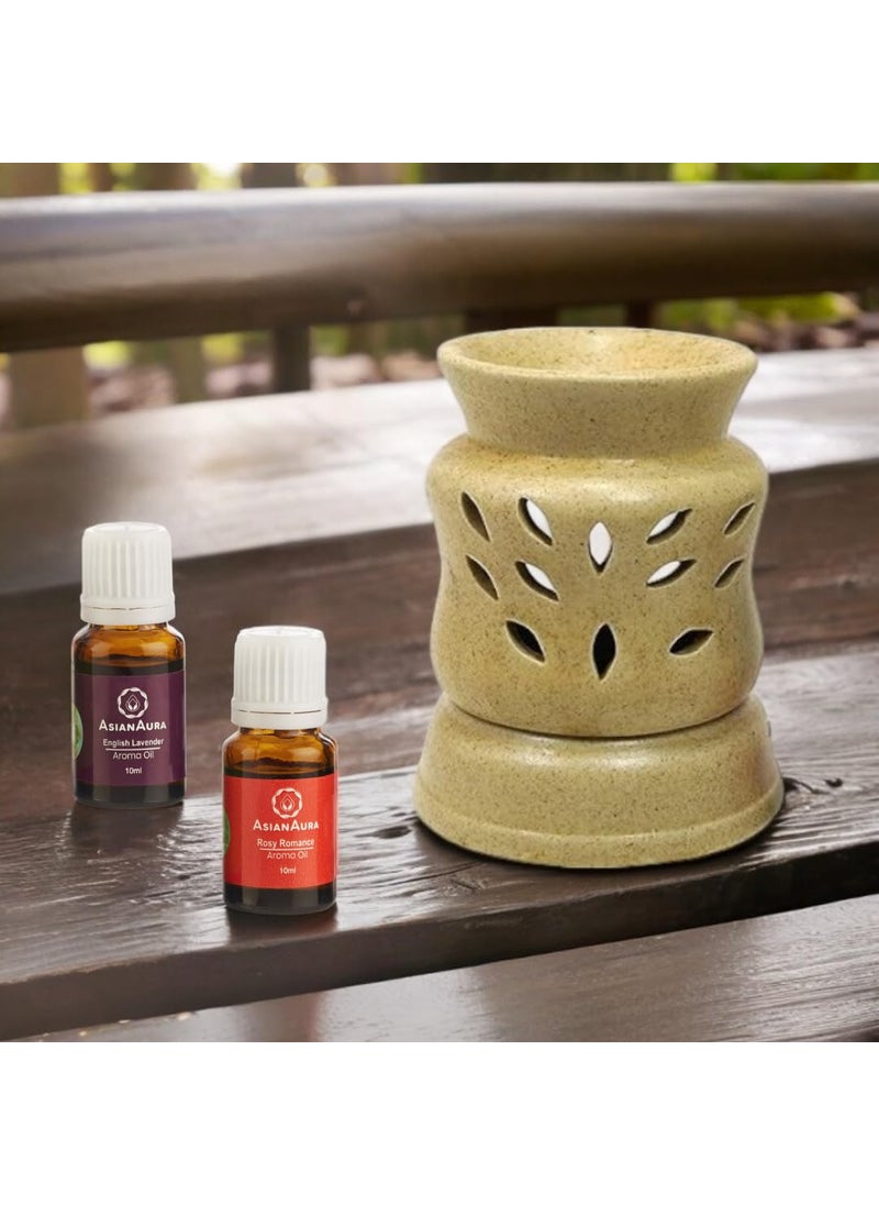 Asian Aura Handcrafted Ceramic Round Brown Electric Diffuser Oil Burner Aromatherapy Meditation Home Decor and Fragrance with Aroma OilsEnglish Lavender Rosy Romance Scent 10ml Each