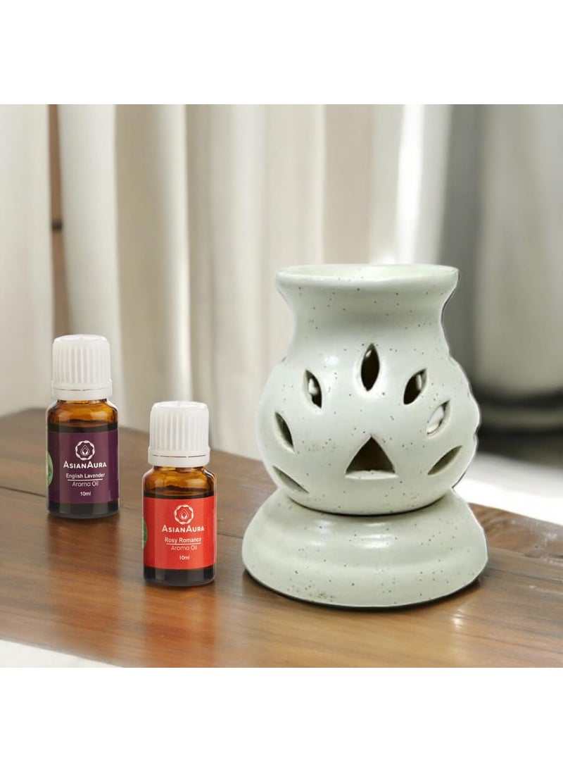Asian Aura Handcrafted Ceramic Round Carved Electric Diffuser Oil Burner Aromatherapy Meditation Home Decor and Fragrance with Aroma OilsEnglish Lavender Rosy Romance Scent 10ml Each