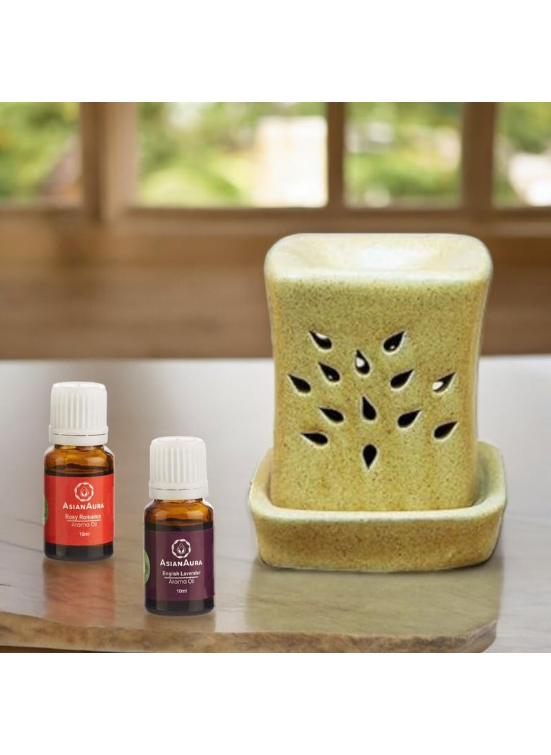 Asian Aura Handcrafted Ceramic Electric Aroma Diffuser Oil Burner for Home with Aroma Oils English Lavender Rosy Romance Fragrance 10ml Each