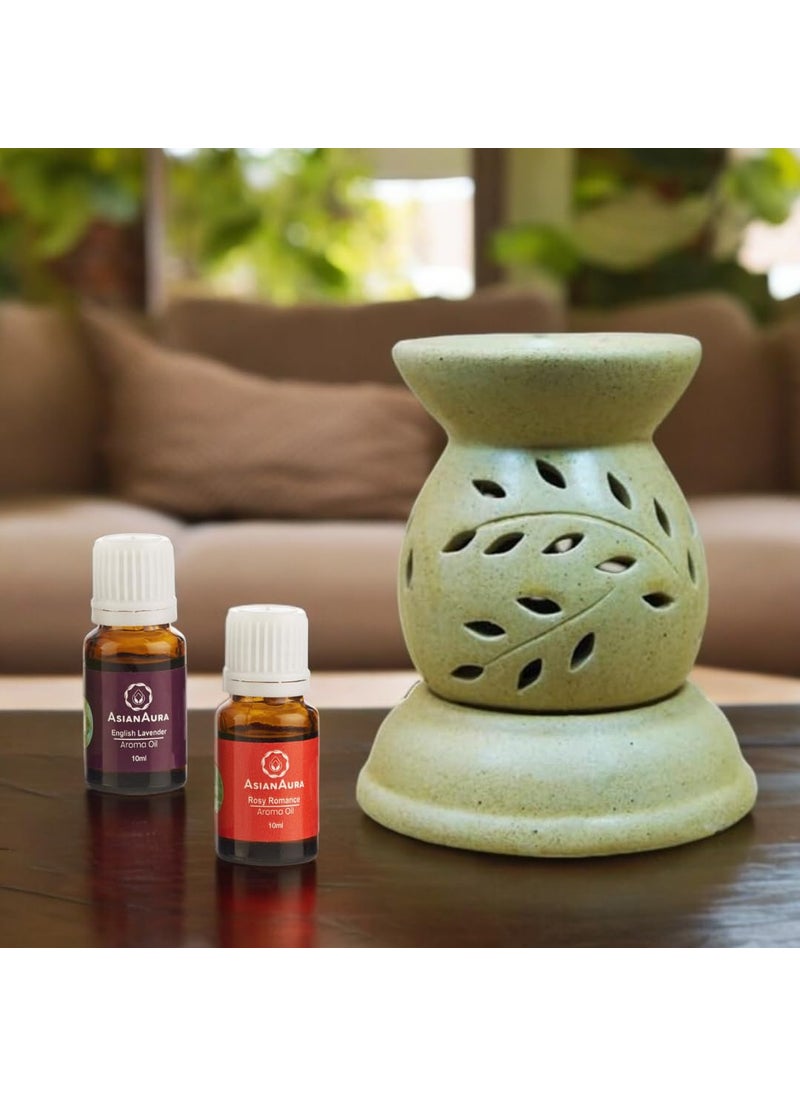Asian Aura Handcrafted Premium Ceramic Electric Round Shaped Aroma Diffuser Oil Burner Fragrance with Aroma Oils in 2 fragrances English Lavender Rosy Romance 10ml Each Brown Diffuser