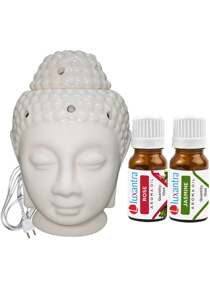 Luxantra Ceramic Electric Buddha Aroma Diffuser for Home Night Lamp Light with Rose and Jasmine Aroma Oil 10ml Each for Home Office Hotel Spa Made in India
