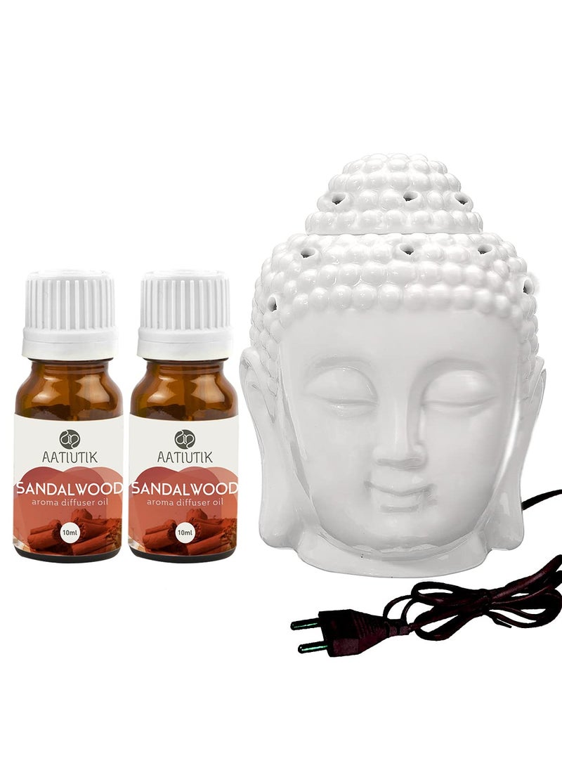 Aatiutik Ceramic Electric Buddha Aroma Diffuser Night Lamp Light with 2 Sandalwood Aroma Oil 10ml Each for Home Office Hotel Spa