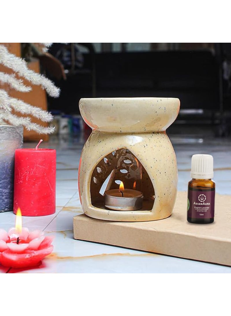 Asian Aura Aroma Diffuser Candle Oil Burner Ceramic Tea Light Candle Oil Warmer for Home Fragrance with 1 Tea Light Candle 2 Aroma Oils 10mlEnglish Lavender Rosy Romance FragranceBrown Diffuser