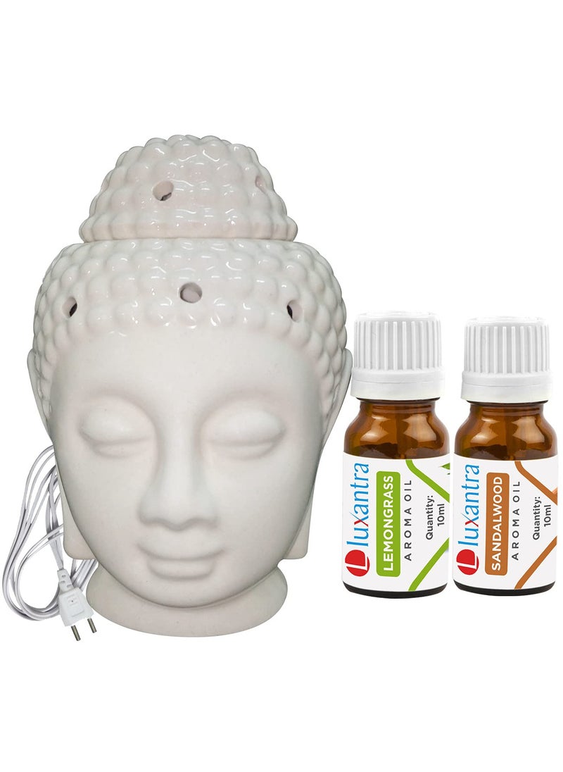 Luxantra Ceramic Electric Buddha Aroma Diffuser for Home Night Lamp Light with Lemongrass and Sandalwood Aroma Oil 10ml Each for Home Office Hotel Spa Made in India
