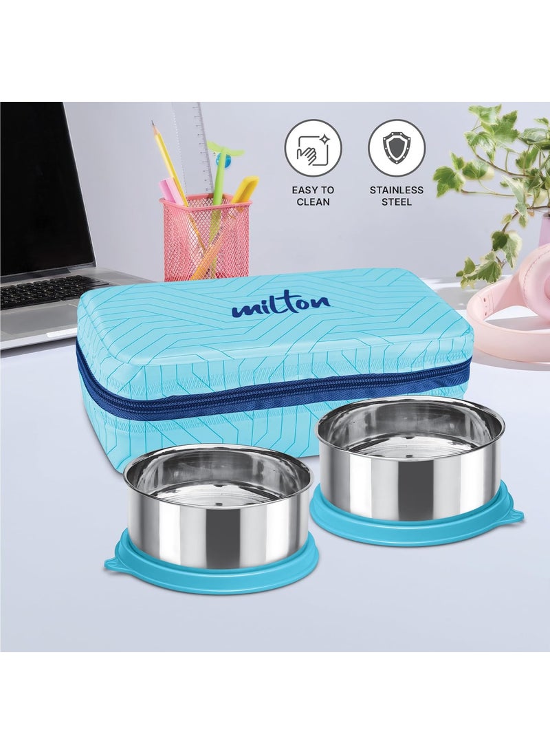 MILTON Mini Lunch Prime Tiffin with Unisex Bag, 2 Stainless Steel Containers 300 ml Each, with Plastic Cutleries, Leak-Proof Lunch Box for Office, School, College, Blue