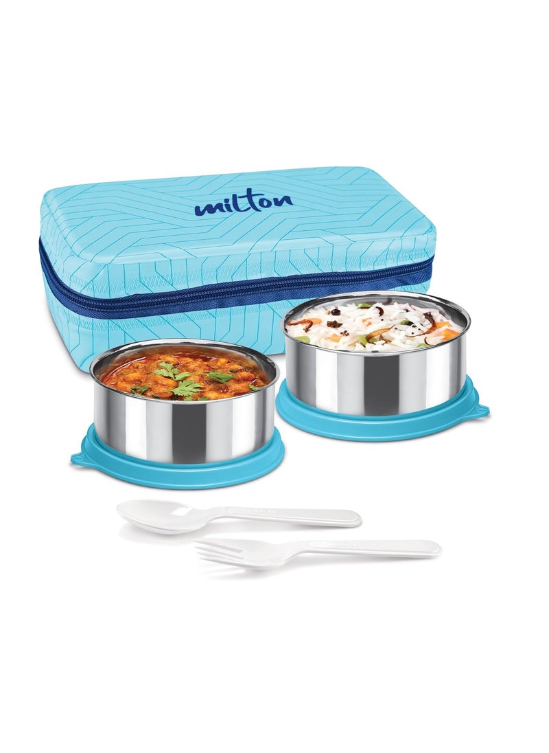 MILTON Mini Lunch Prime Tiffin with Unisex Bag, 2 Stainless Steel Containers 300 ml Each, with Plastic Cutleries, Leak-Proof Lunch Box for Office, School, College, Blue