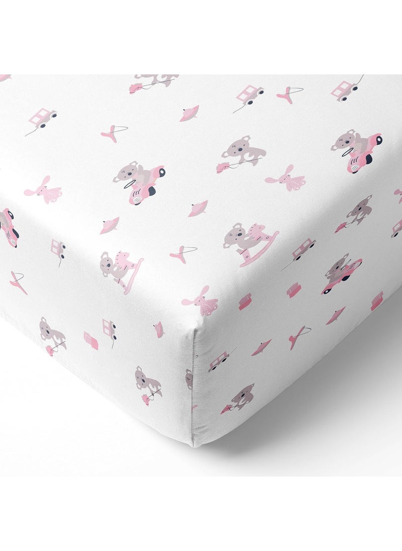 The White Cradle Pure Organic Cotton Fitted Cot Sheet for Baby Crib 52x28 Super Soft Smooth Absorbent Twill Fabric for Infants Newborns Babies Toddlers Pink Koala with Horse