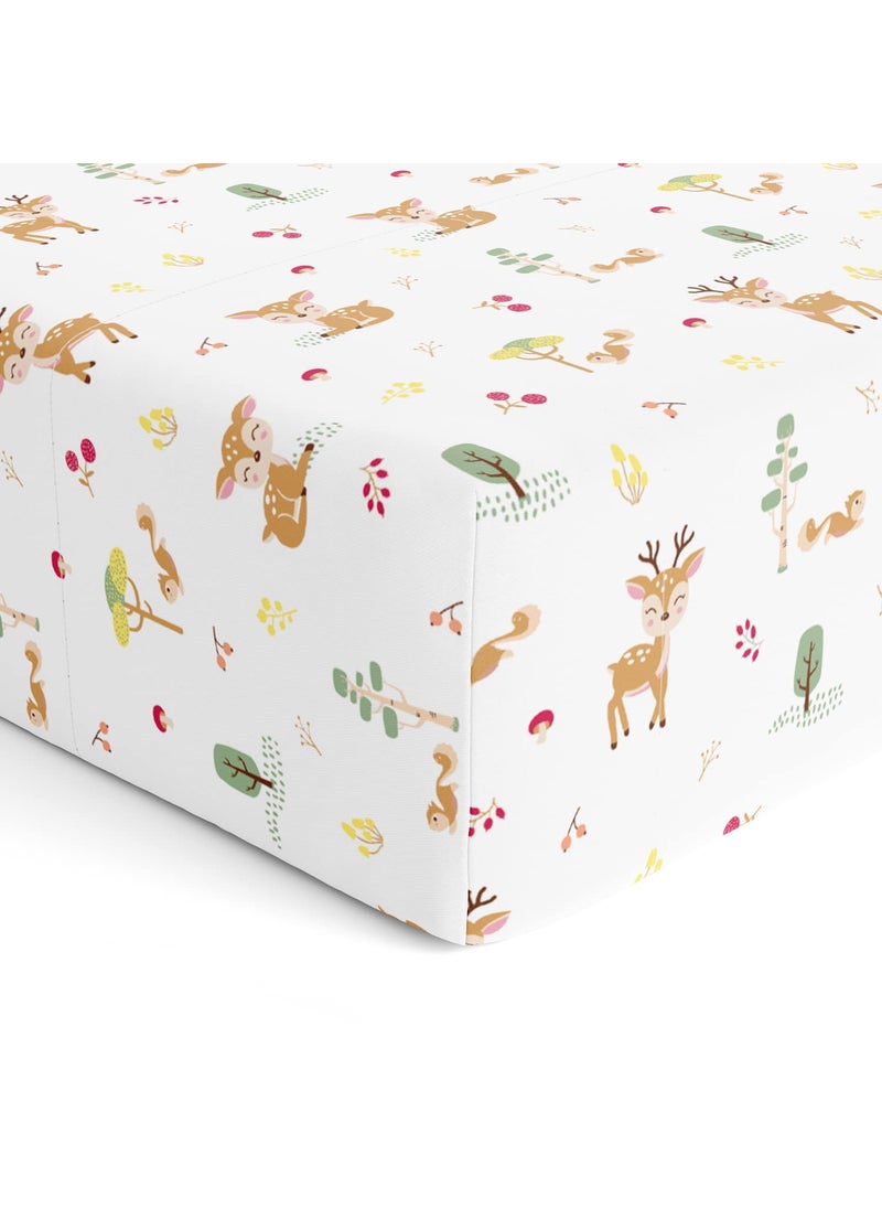 Haus and Kinder 100 Cotton Fitted Cot Crib Sheet Bed Sheets for Newborn Baby Crib Mattress Deep Pocket All Round Elastic Fitted Crib Sheet for Baby Size 132 cm x 71 cm Whimiscal Woodland