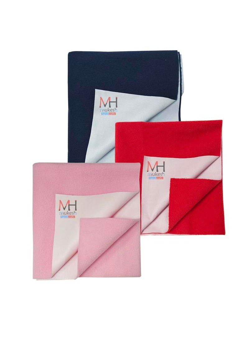 Mukesh Handicrafts Cotton Extra Absorbent Waterproof Quick Dry Sheet for Baby Washable Mattress Bed Protector Sheet for Toddler Children Pack of 3 Small Size 50x70 cm Baby Pink Dark Blue Red