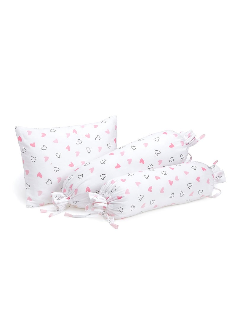The White Cradle Cot Pillow 2 Bolsters Set with Fillers Organic Cotton Fabric Softest Fiber Filling Protective Comfort Pink Hearts