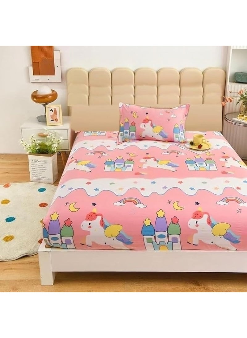 Innovative Edge Glace Cotton Cartoon Printed Elastic Fitted Single Bedsheet for Kids with 1 Pillow Cover Size 48x72 Pink Unicorn