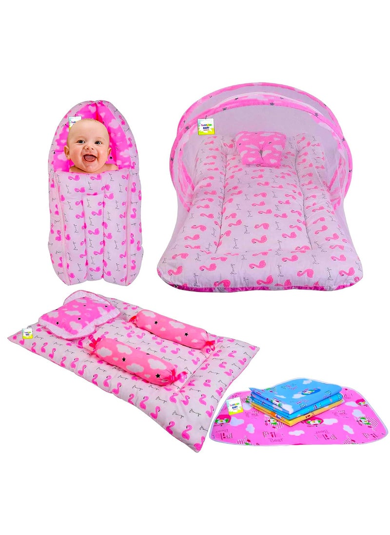 Toddylon Baby Bed New Born Baby Bedding Set Mosquito Net Sleeping Bag Mattress Carry Nest Sheets Essentials Infants 06 Months Pink 4PCS Set