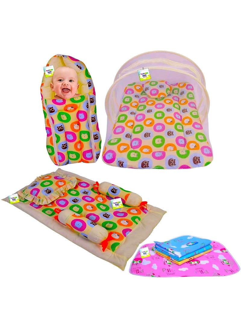 Toddylon Baby Bed New Born Baby Bedding Set Mosquito Net Sleeping Bag Mattress Carry Nest Sheets Essentials Infants 06 Months Yellow 4PCS Set