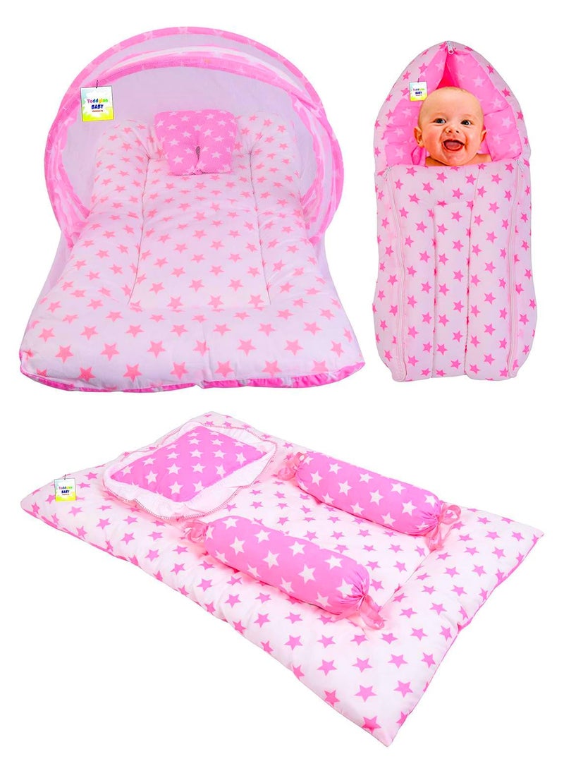 Toddylon Baby Bed New Born Baby Bedding Set Combo Sleeping Bag Mattress Mosquito Net Carry Bag Infants Gaddi Set Pillow and Bolsters 06 Months Pink 3PCS Set