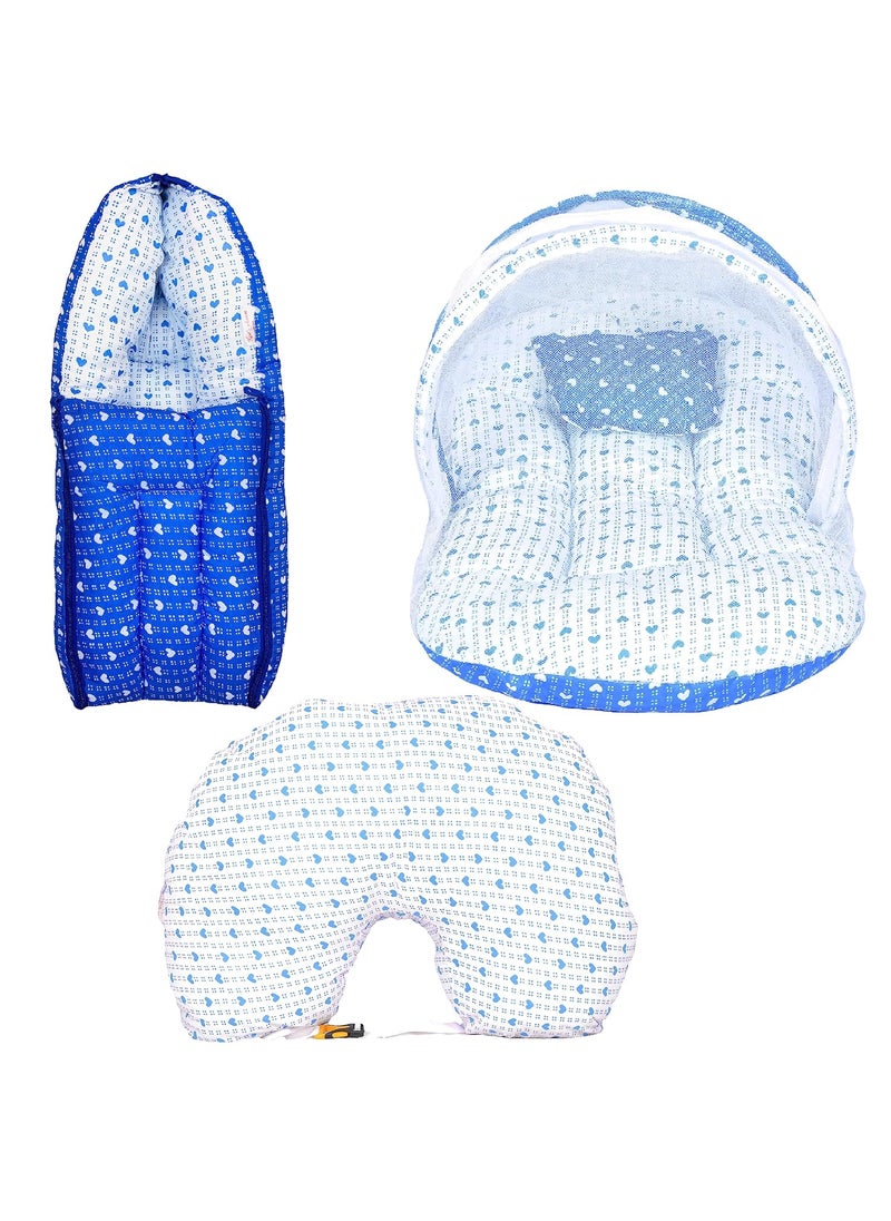 Kids Charm DottedHeart 3 PCS Combo Set 3 in 1 Babys Cotton Bed Cum Carry Bed5 in 1 Babys Cotton Breast Feeding Pillow with Safety Belt2 in 1 Babys Cotton with Mosquito Net for 04 MonthsBlue