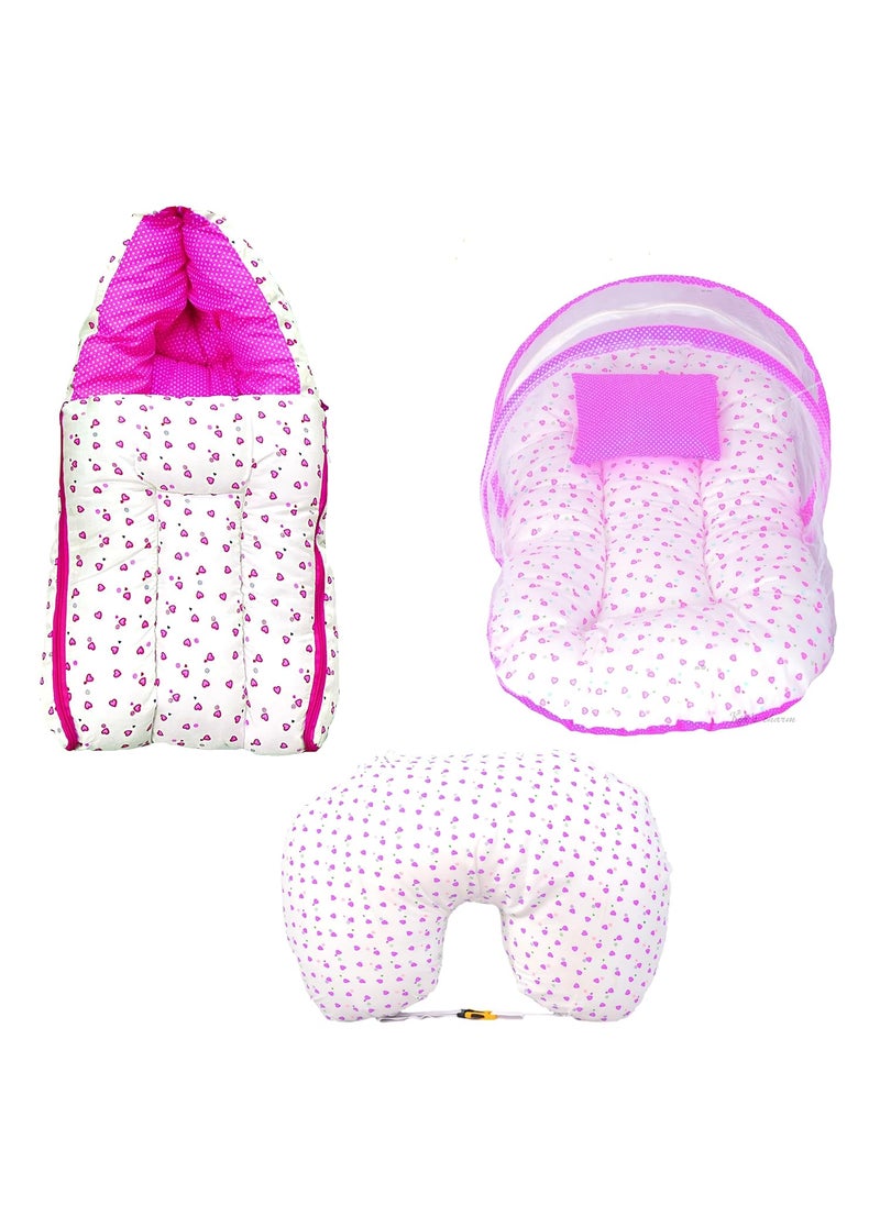 Kids Charm Little Heart 3 PCS Combo Set 3 in 1 Babys Cotton Bed Cum Carry Bed6 in 1 Babys Cotton Feeding Pillow2 in 1 Babys Cotton Bed with Mosquito Net for 04 Months Pink
