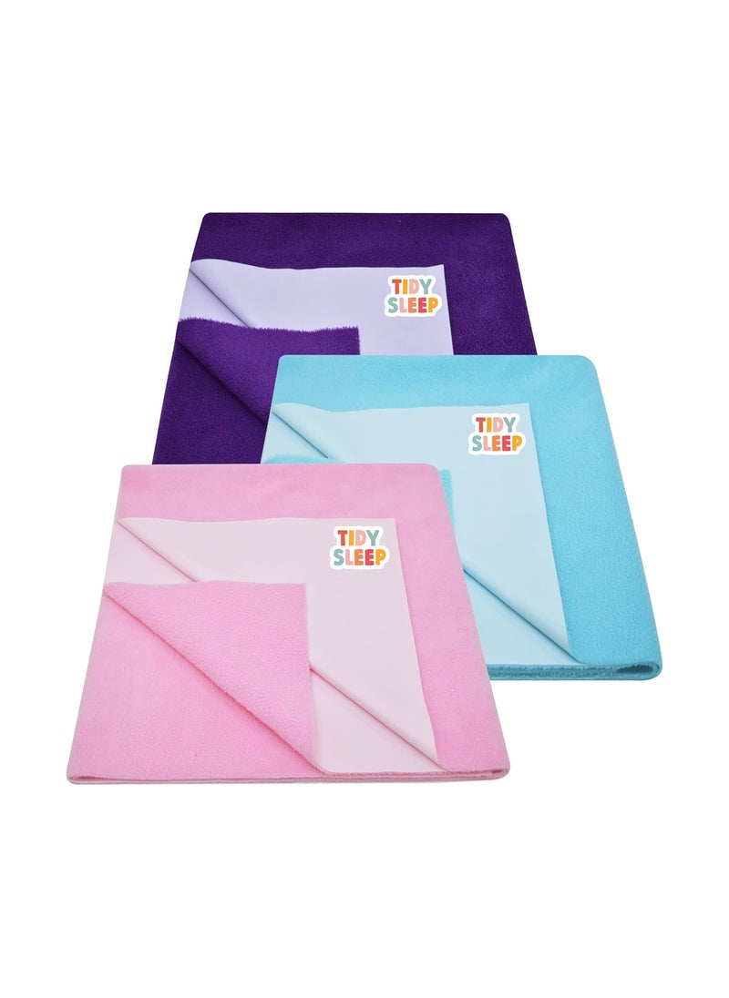 Tidy Sleep Instadry AntiPiling Fleece Extra Absorbent Quick Dry Sheet for New Born Babies Cotton Bed Protector Mattress Pack of 3 BBlueBPinkPlum Medium 100x70 cm