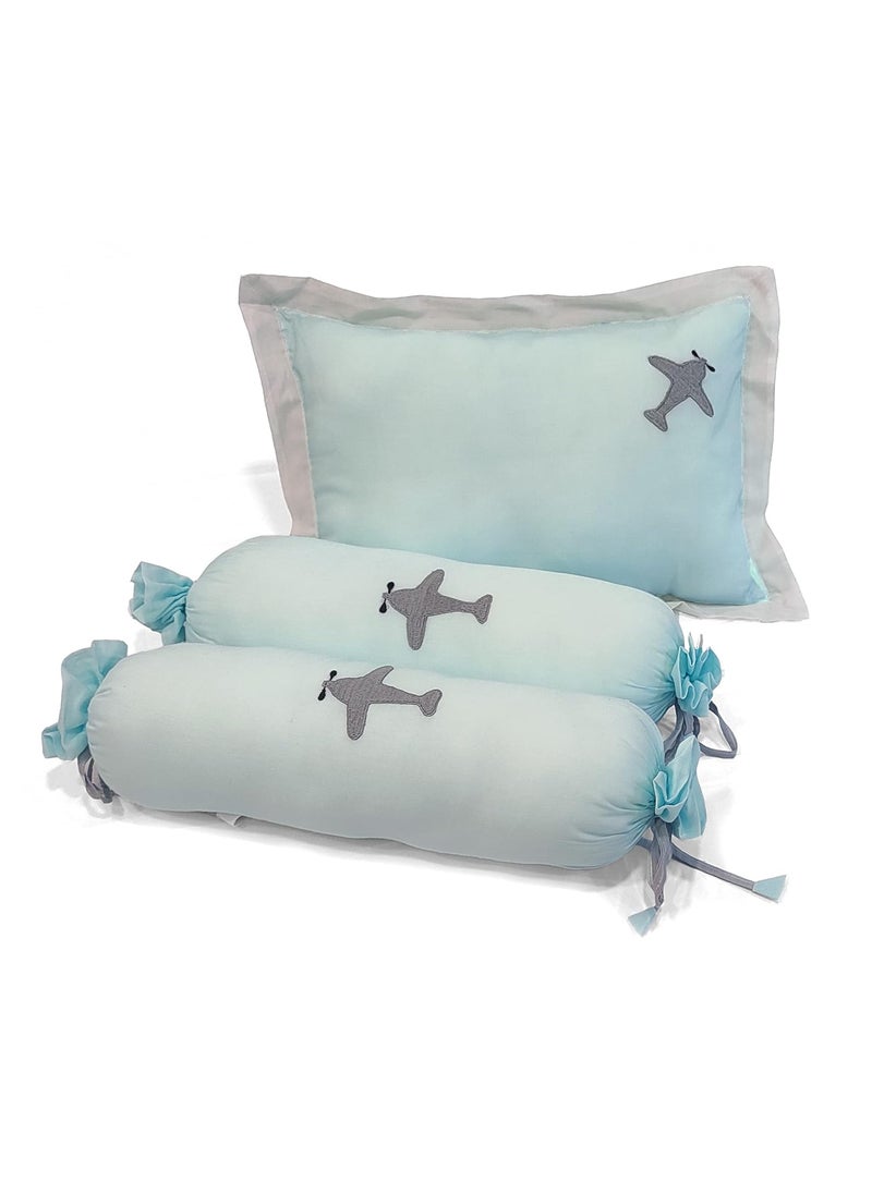 The White Cradle Cot Pillow 2 Bolsters Set with Fillers Organic Cotton Fabric Protective Comfort Softest Fiber Filling Aeroplane