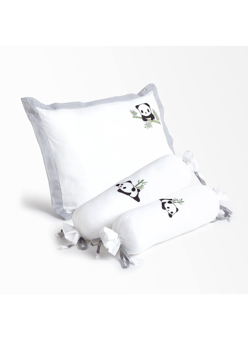 The White Cradle Cot Pillow 2 Bolsters Set with Fillers Organic Cotton Fabric Protective Comfort Softest Fiber Filling Grey Panda