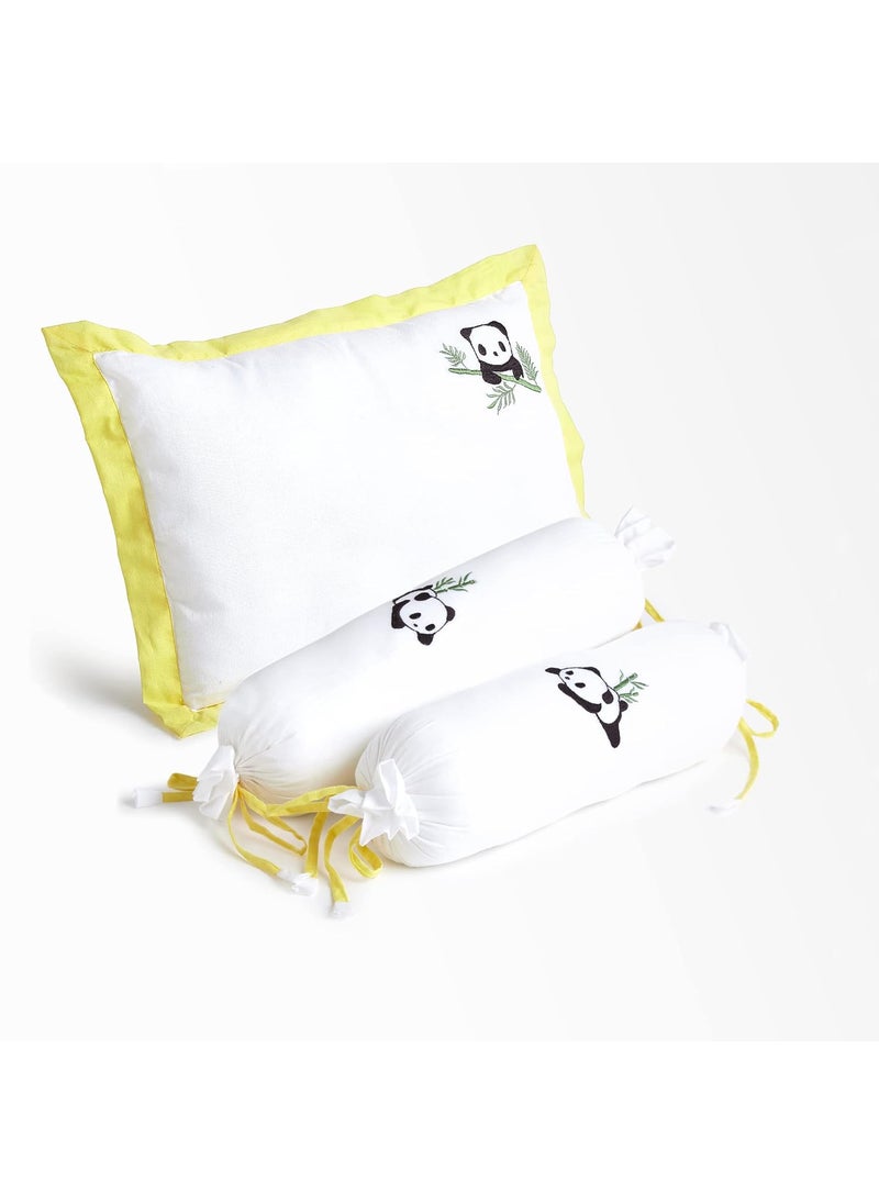 The White Cradle Cot Pillow 2 Bolsters Set with Fillers Organic Cotton Fabric Protective Comfort Softest Fiber Filling Yellow Panda